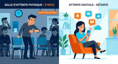 Visual comparison between anxious traditional waiting and peaceful transparent waiting