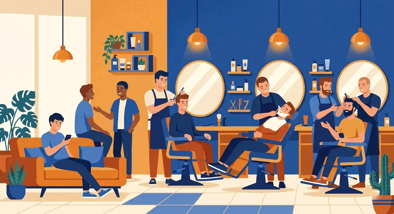 Barbershop moderne avec attente digitale et ambiance décontractée