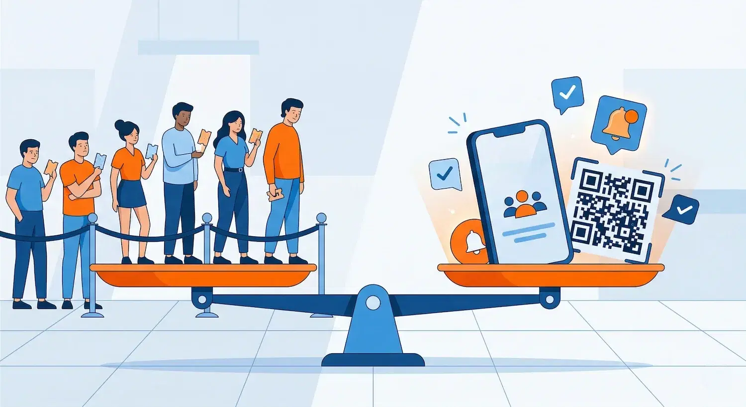 Visual comparison between physical and digital queue management with balanced scale