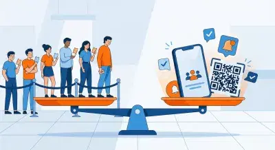 Comparaison visuelle entre file d'attente physique et digitale avec balance équilibrée