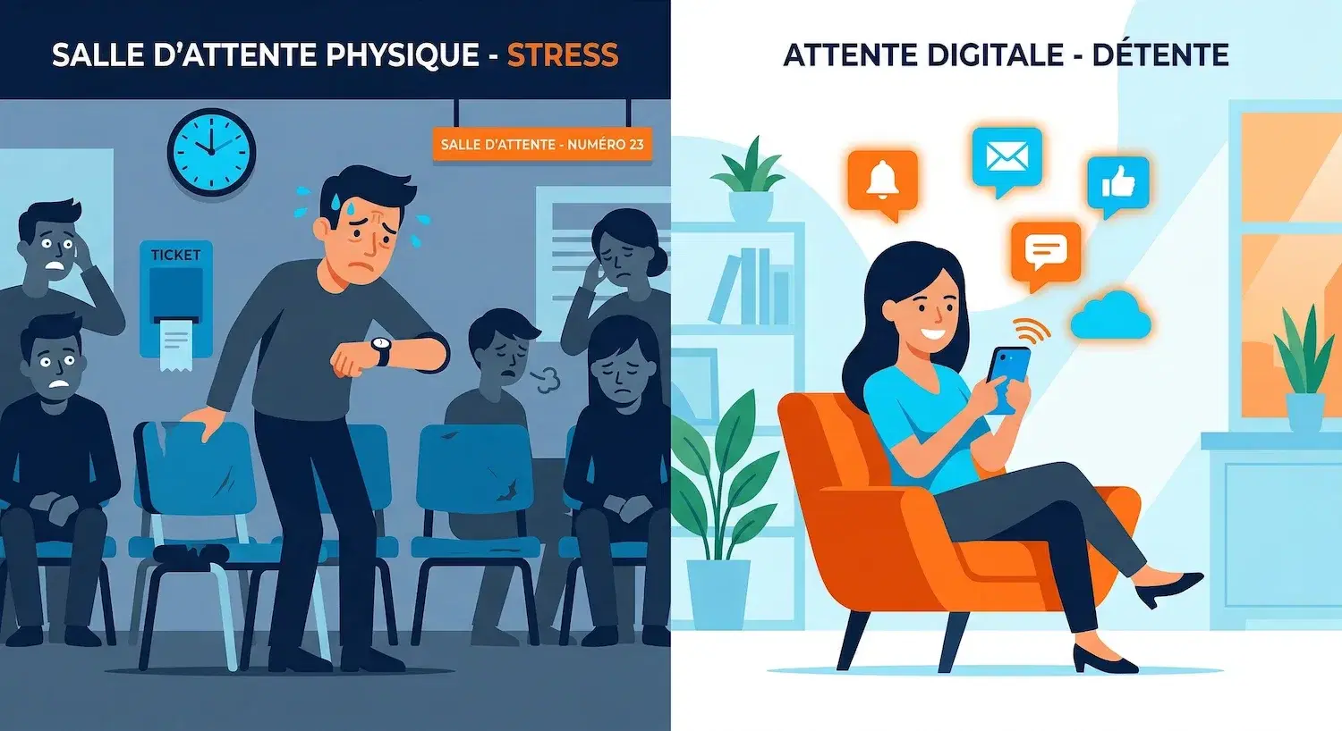 Comparaison visuelle entre attente traditionnelle anxiogène et attente transparente apaisante